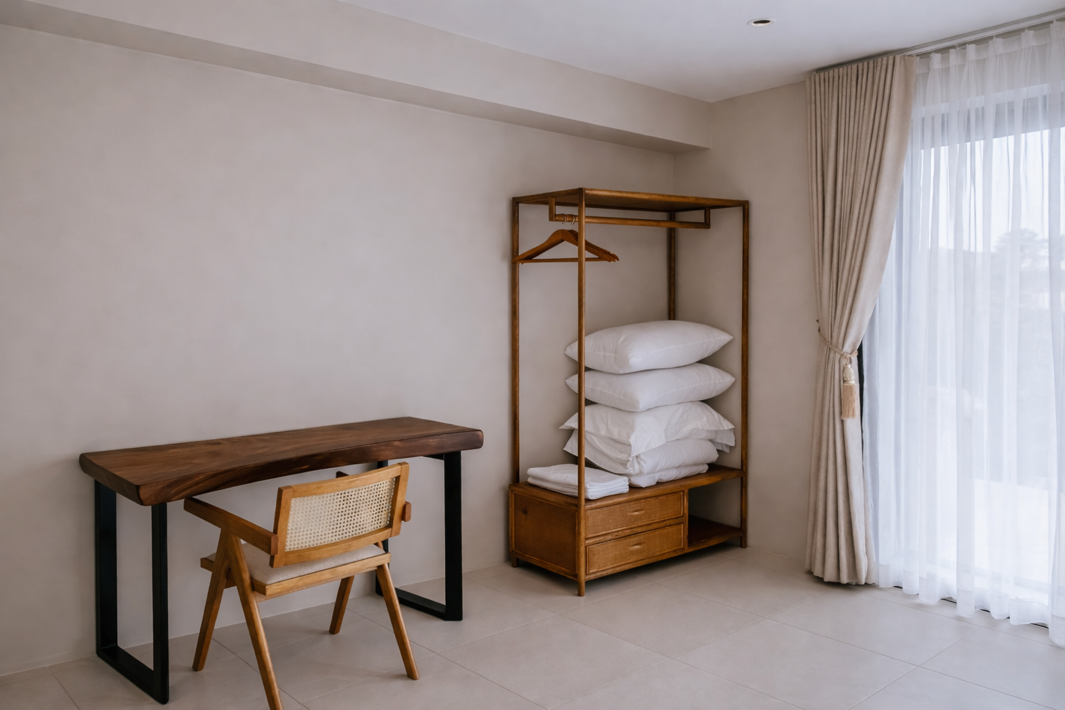 A table and a open wardrobe.